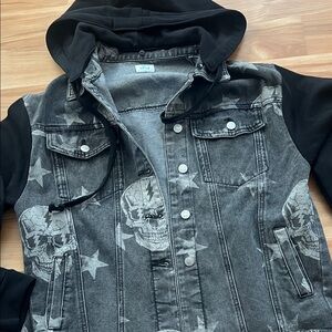 Blue Buttercup black denim skull jacket with detachable hood size medium